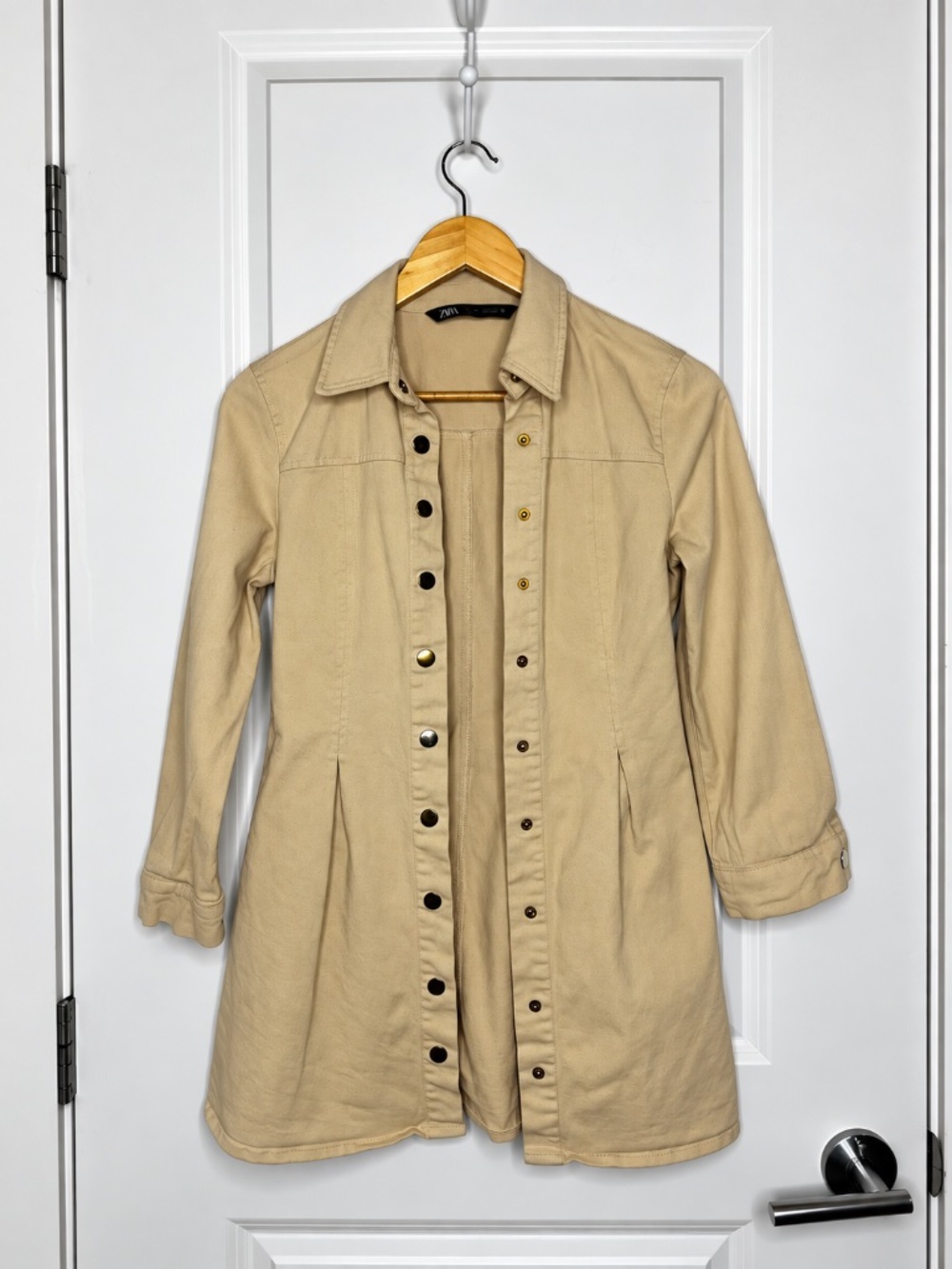 Zara Beige Button-Front Long Shirt Jacket